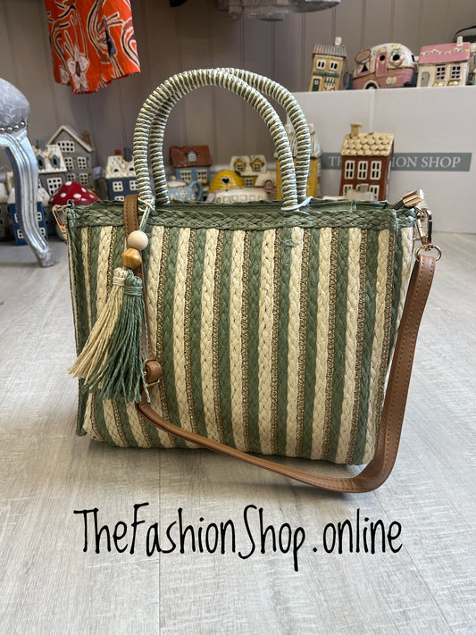 Bridget khaki, gold and cream striped tote bag