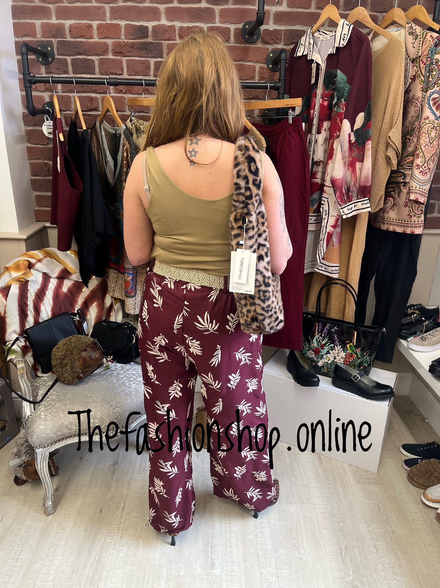 Athena wine printed linen mix trousers with belt 8-16