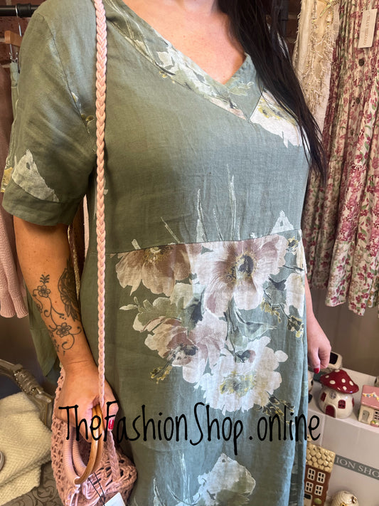 Lucille khaki linen floral dress 12-18