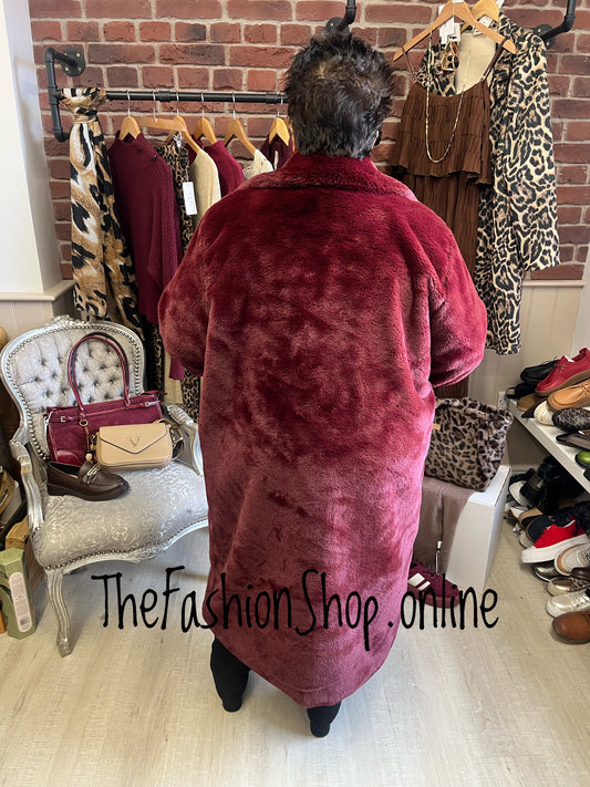Patsy wine long faux fur coat 8-14 and 16-22