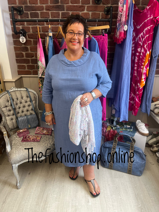 Evelyn blue linen cocoon dress 16-22
