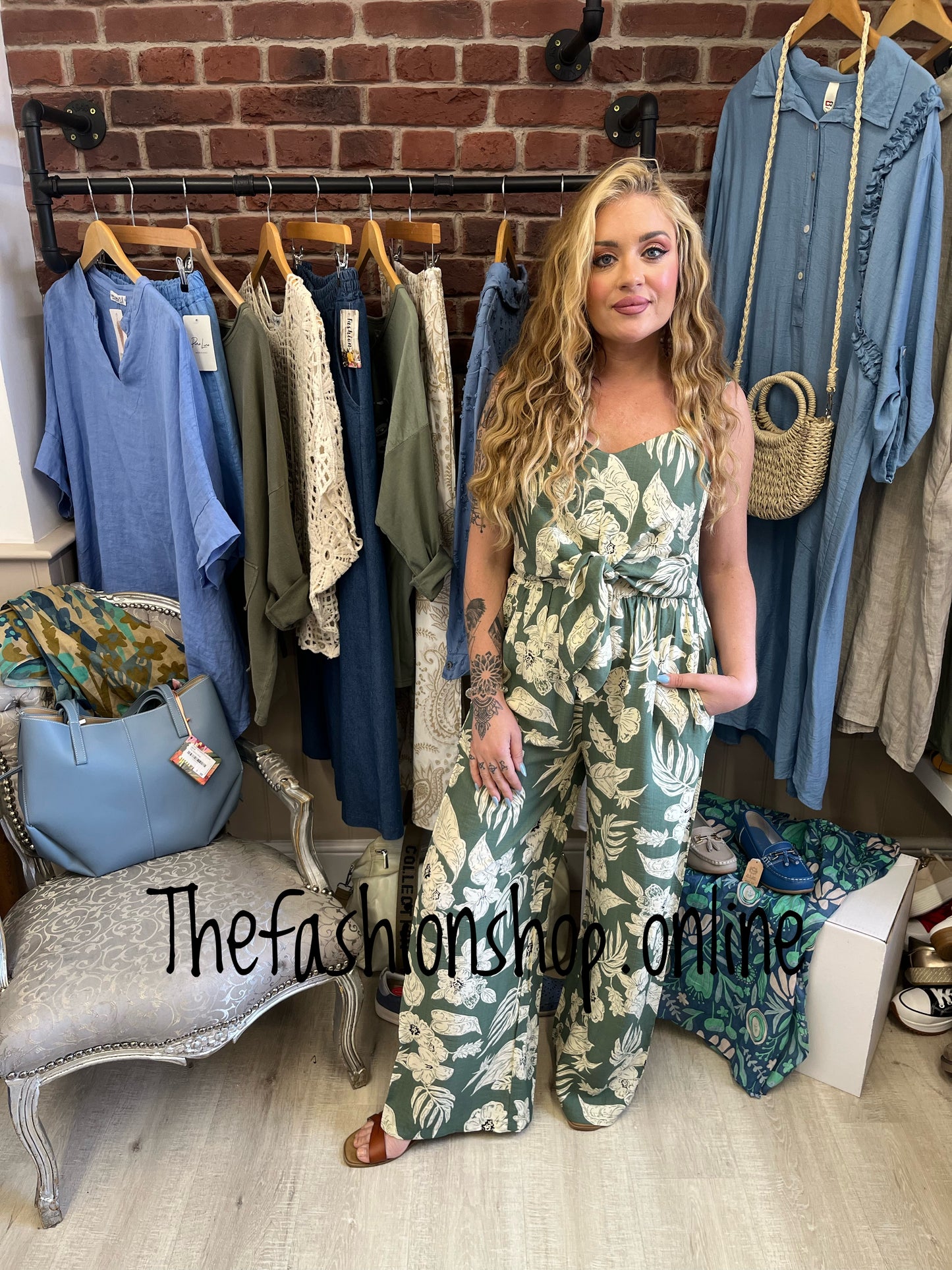 Pamela khaki and cream tie front jumpsuit sizes 8, 10, 12, and 14