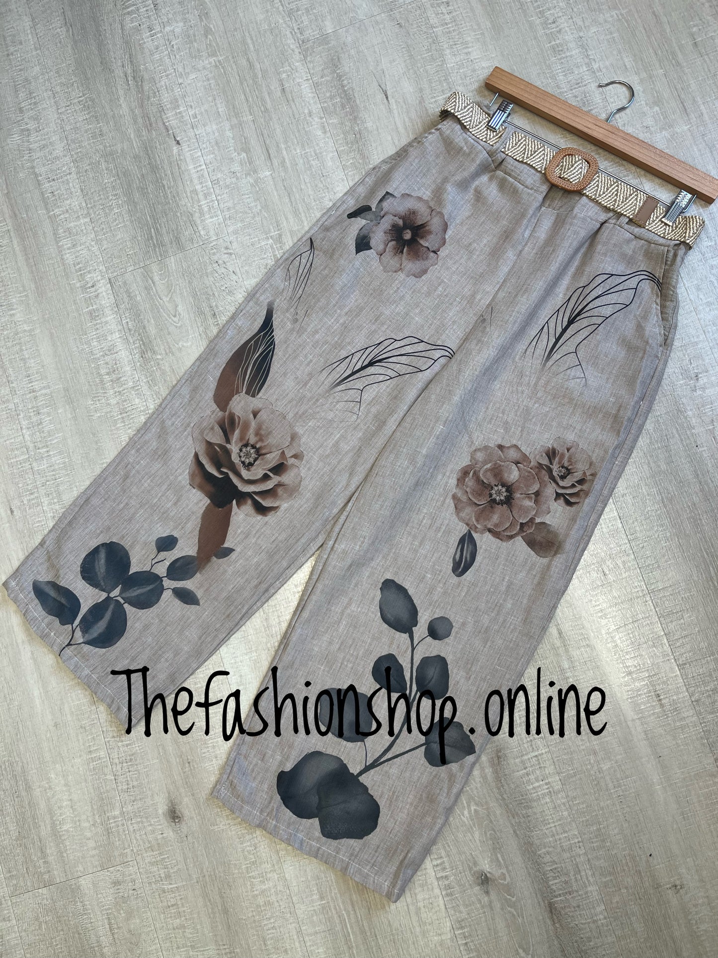 Anna beige linen mix floral trousers with belt 8-14