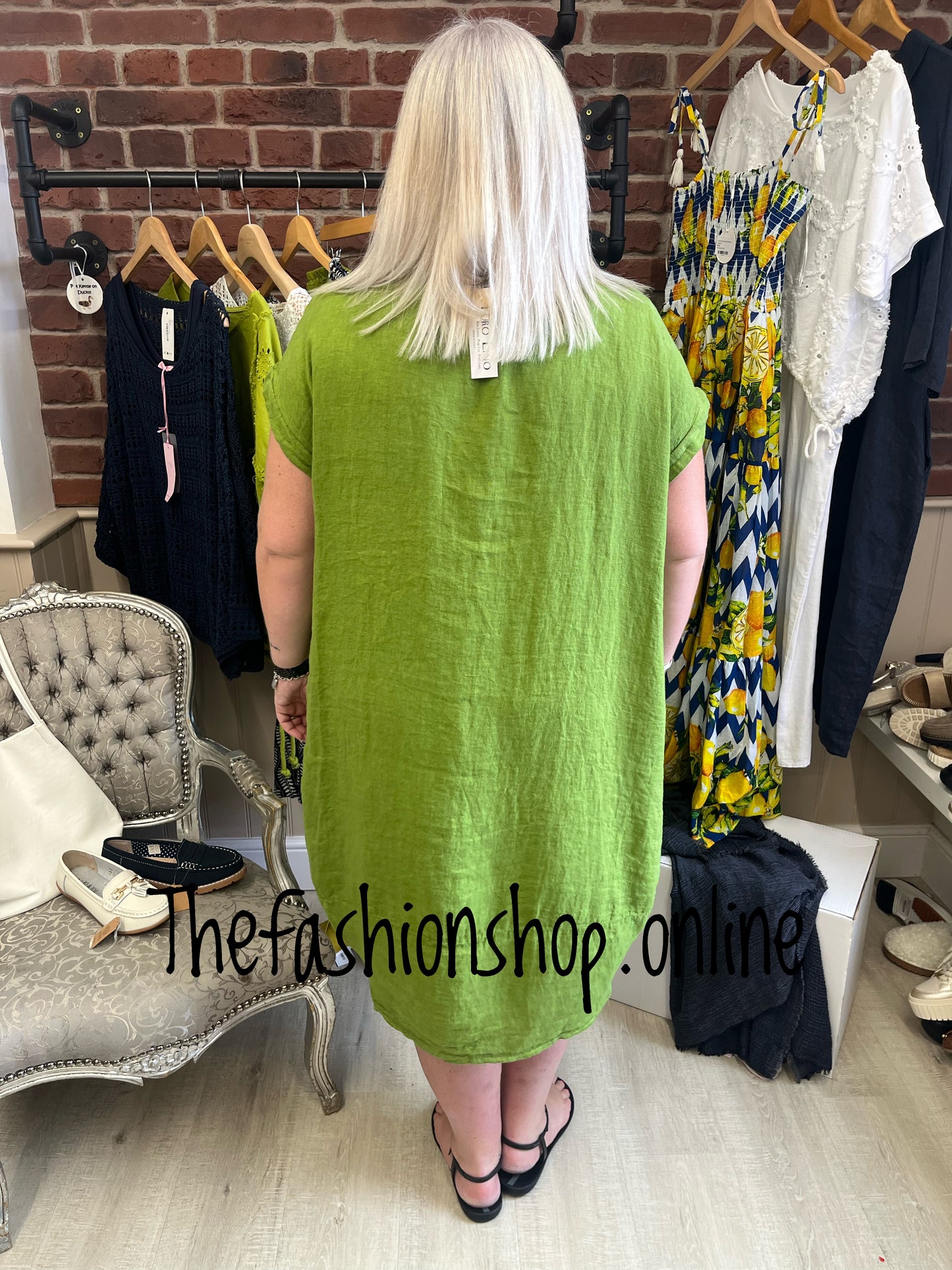 Kali olive linen round neck dress 16-22