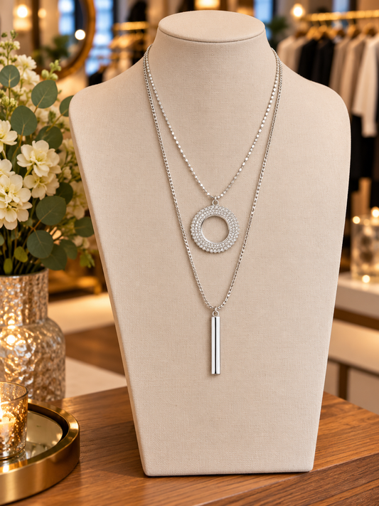 Envy double layer silver necklace with circle and bar pendants
