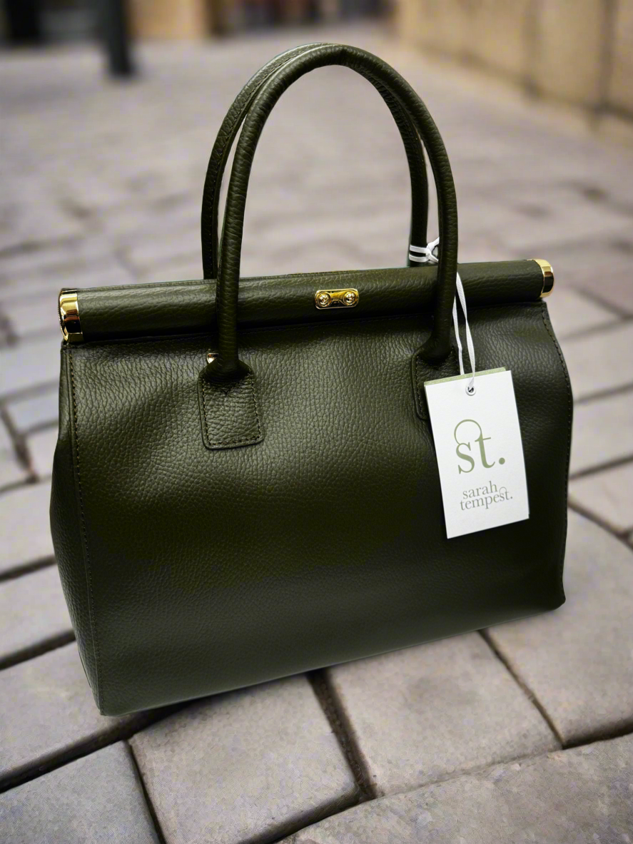 Sarah Tempest Italian khaki leather padlock bag