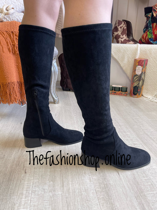 Ella Maddie Black knee high faux suede boots sizes 3-8 (36-41)fits up to 46cm calf