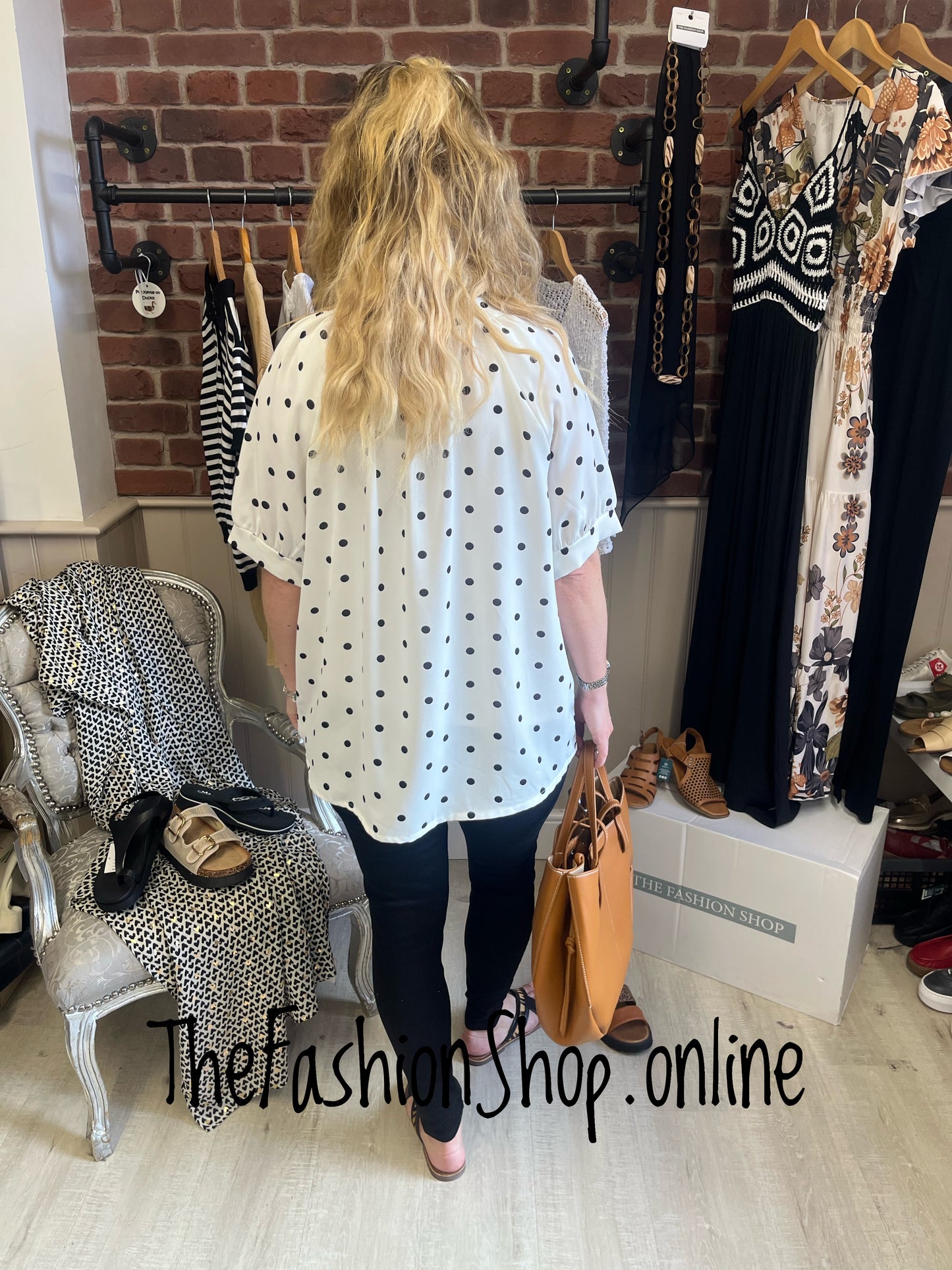 Natalie white and black spot button blouse 12-16