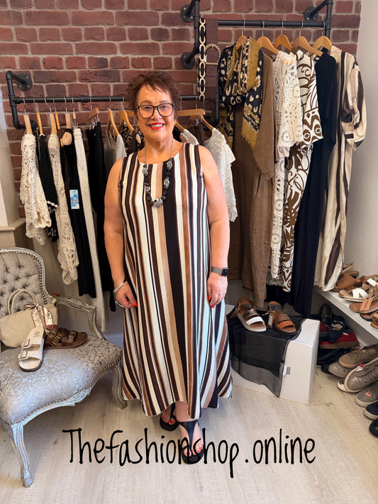 Sofia brown black and cream striped A-line dress 12-18