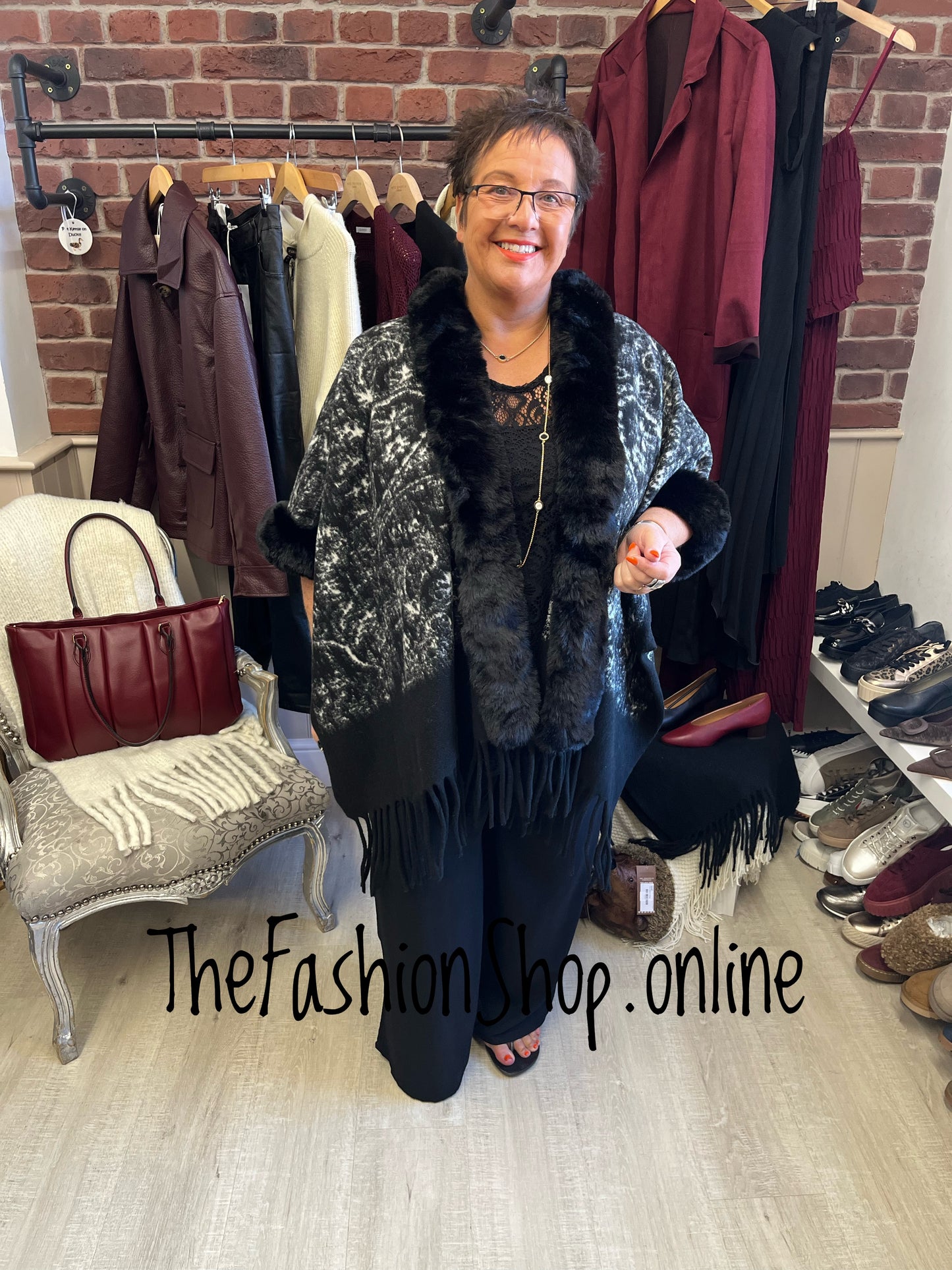 Whitney black faux fur cape - free size