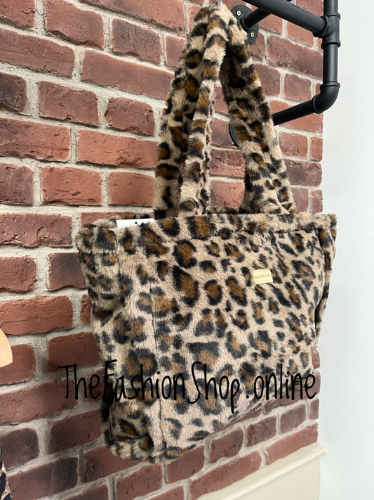 Dixie mocha faux fur leopard print tote bag