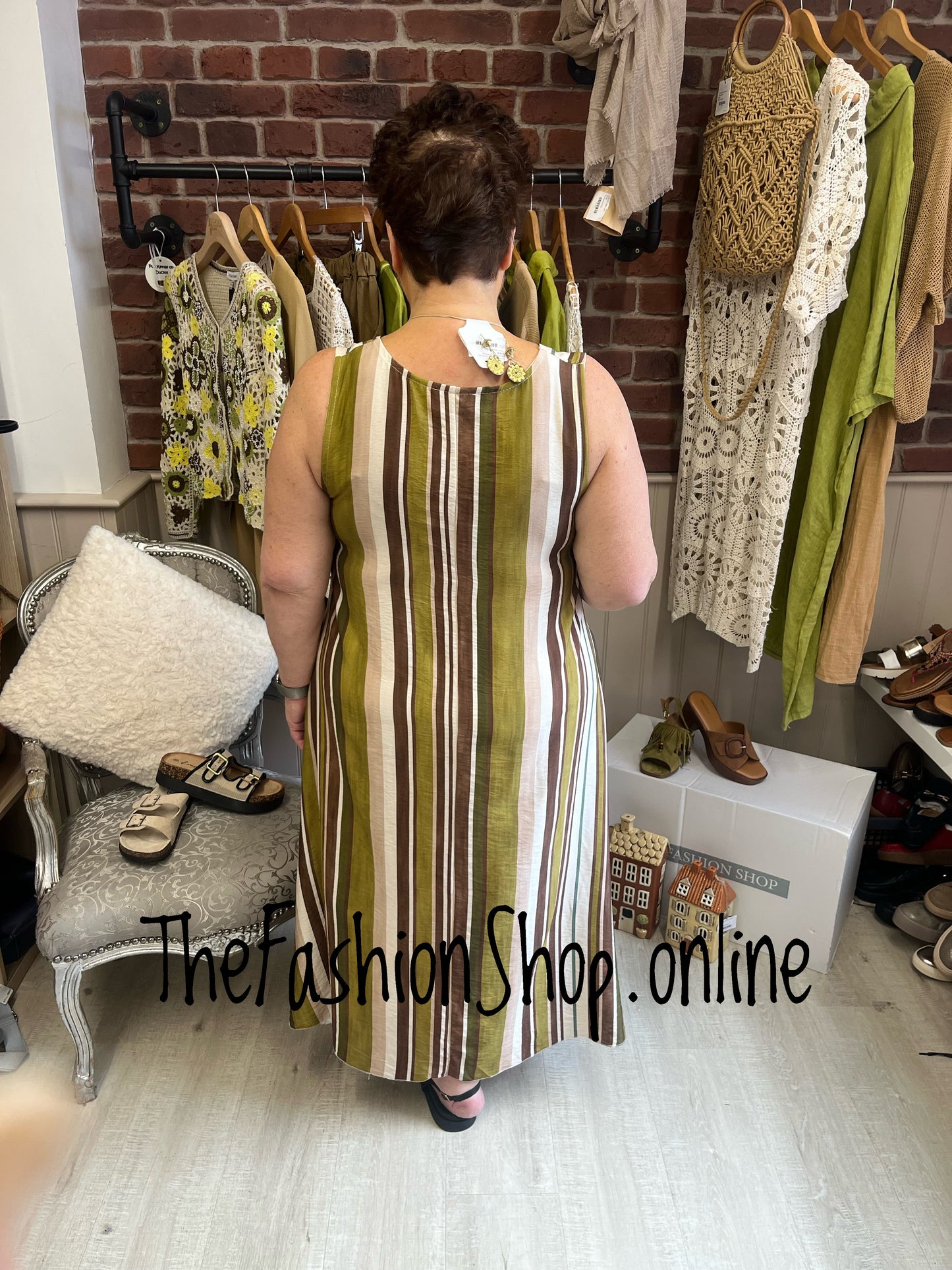 Sofia olive and brown striped A-line dress 12-18