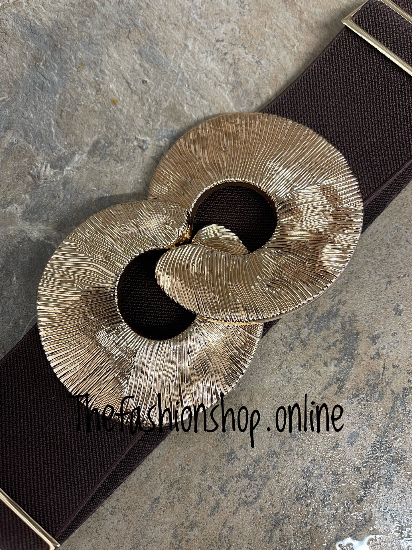 Brown large buckle elasticated statement belt