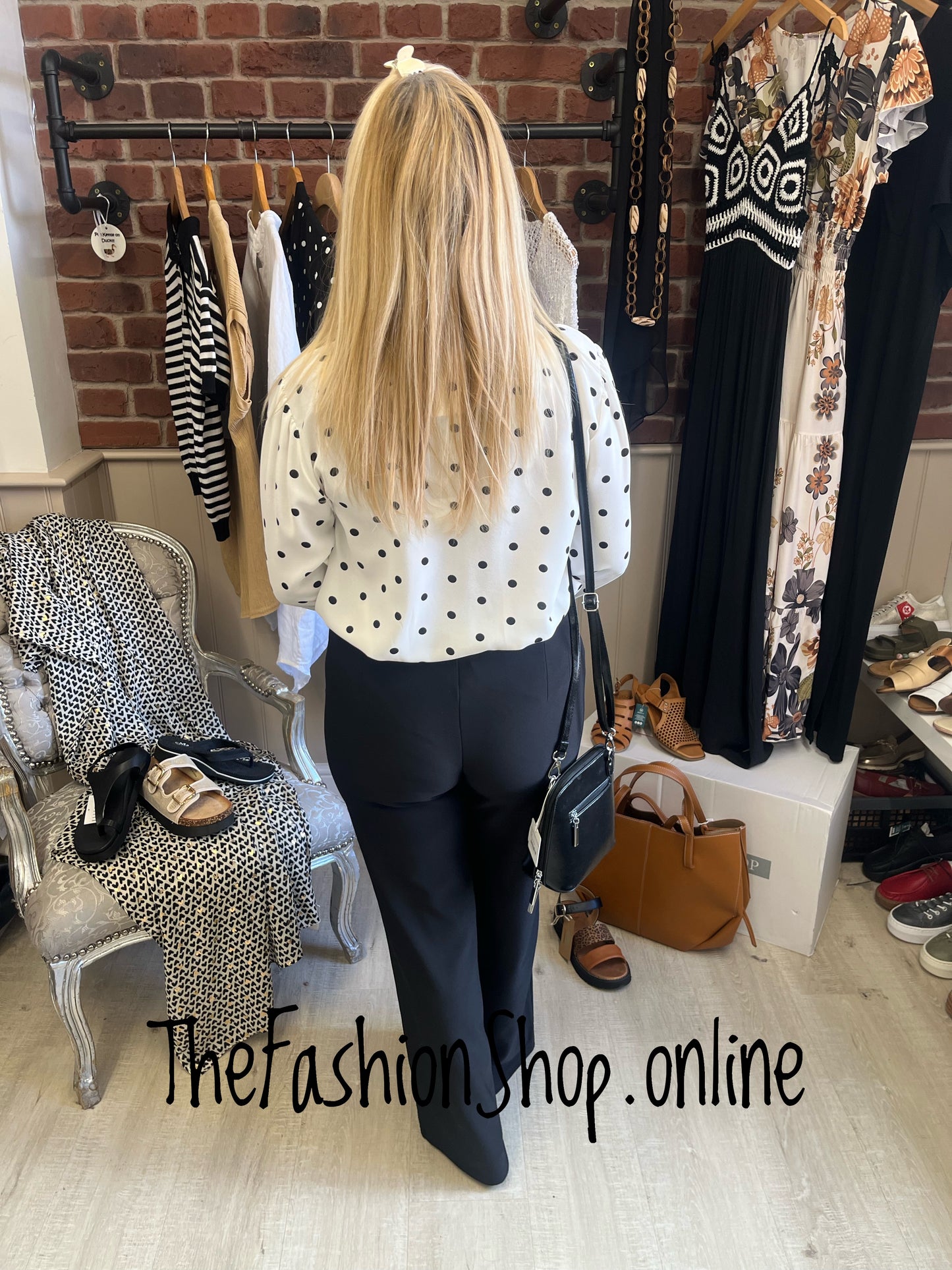Natalie white and black spot tie neck blouse 10-14