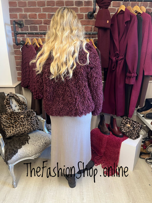 Abigail wine shaggy fur jacket sizes 12, 14 and 16