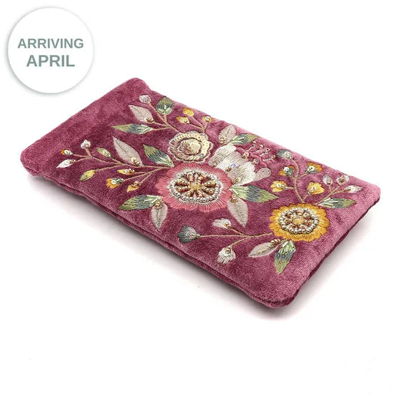 Pom Blush Pink Velvet Glasses case with Vintage Style Floral Embroidery