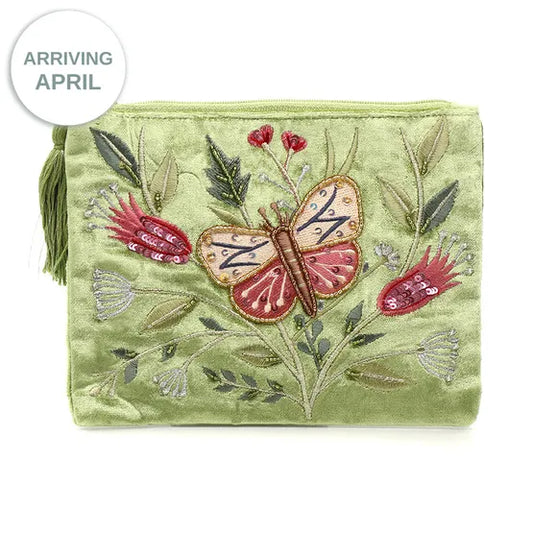 Pom Green Velvet Zip Pouch with Large Butterfly Embroidery Cosmetic Bag