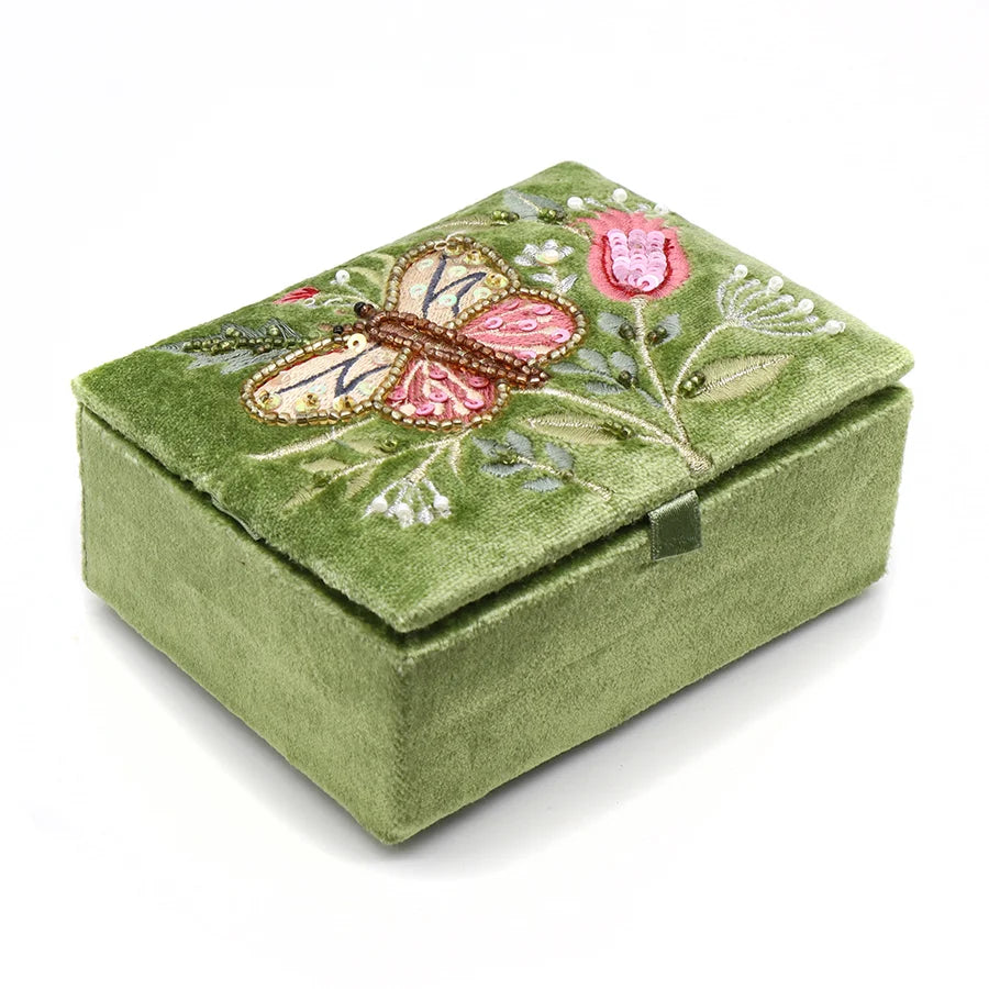 Pom Green Embroidered Velvet Small Jewellery Box With Large Butterfly Embroidery