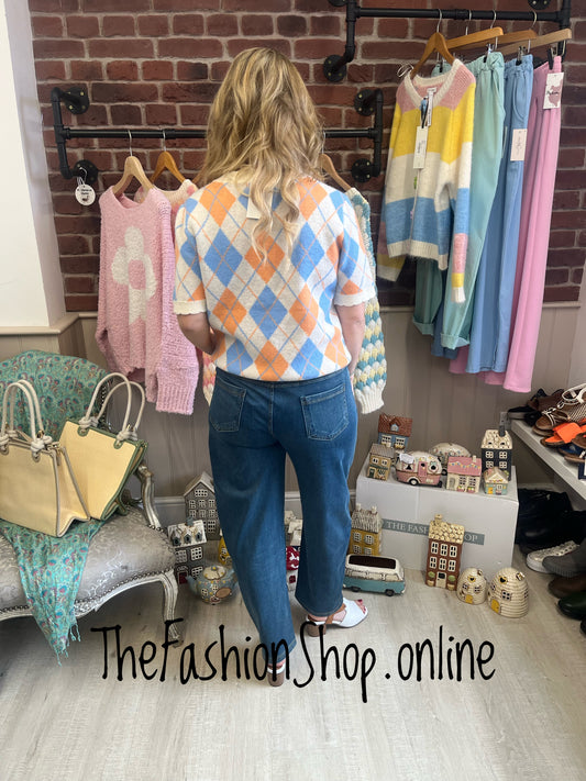 Orla peach, blue and cream argyle knitted top 8-14