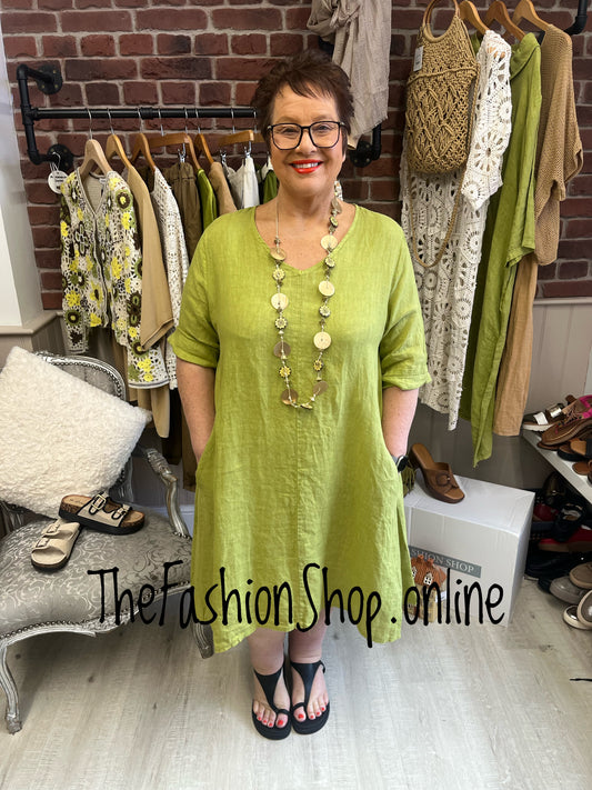 Selena olive V neck linen dress 14-20