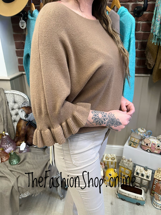 Tess camel jumper with frill sleeve 8-14