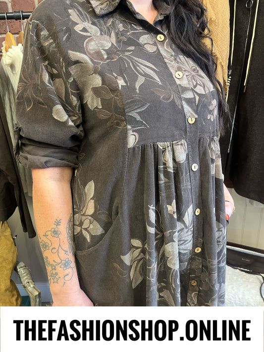 Callie brown floral needle cord dress 14-18