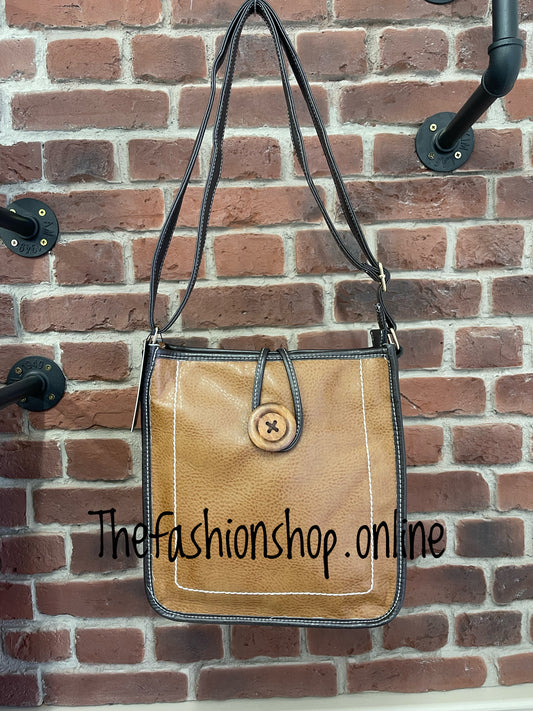 Lexi Shoulder Bag With Button and Stitch Detail in Tan