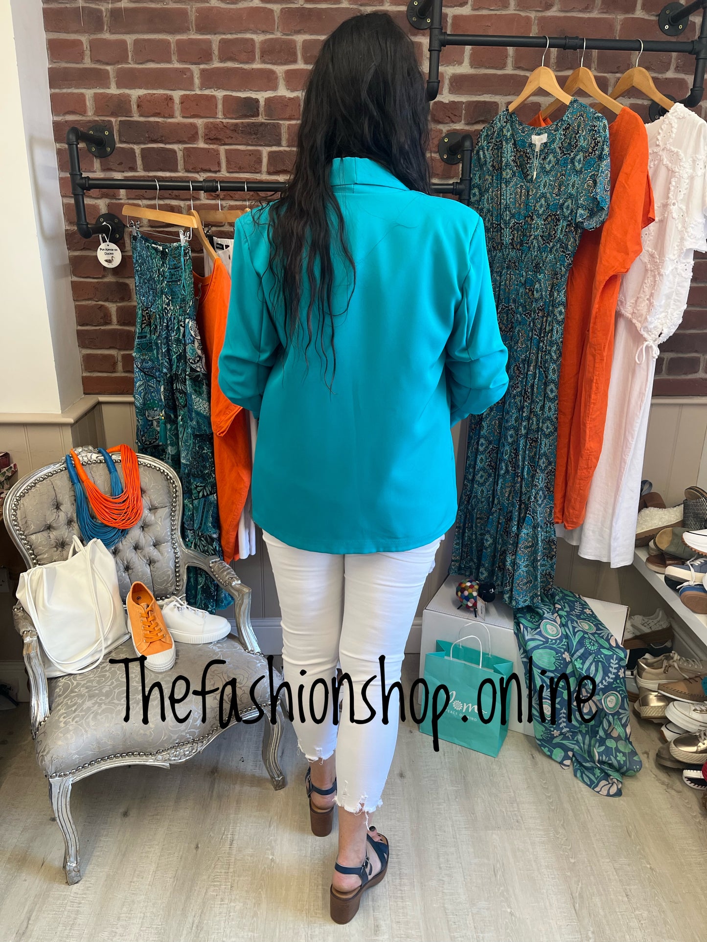 Imogen teal blazer with ruched sleeves 10-16