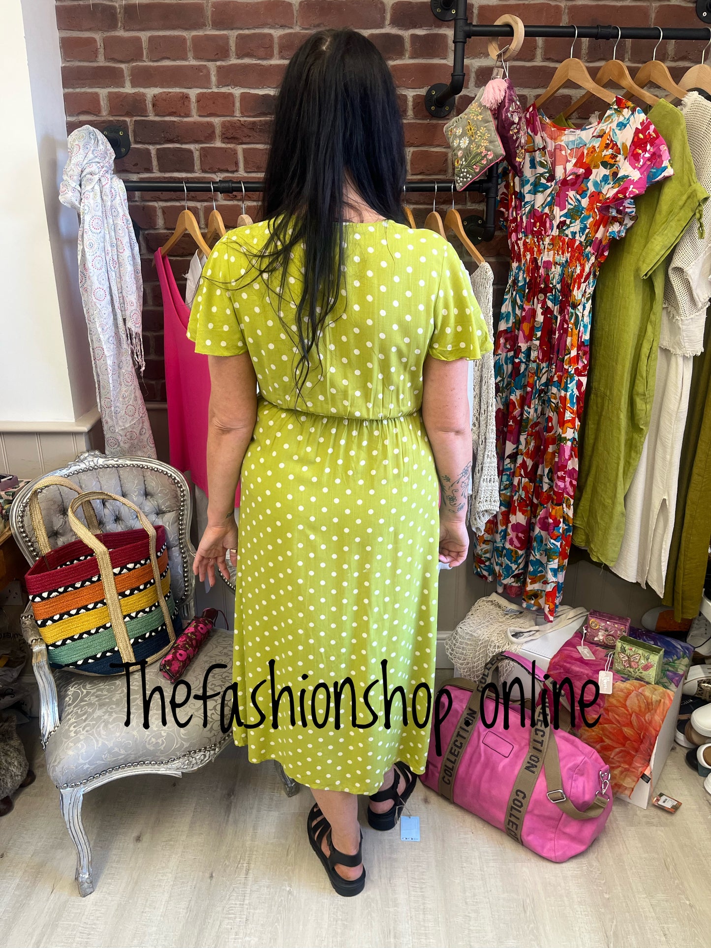 Lime spot dress with side split sizes 10-16