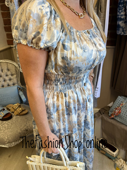 Lillie denim blue and mocha floral gypsy maxi dress 8-18