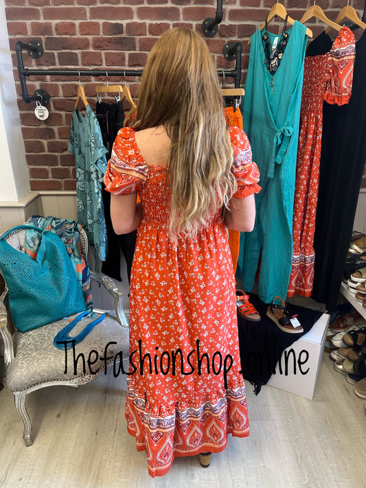 Ellie burnt orange floral puff sleeve dress sizes 8-16