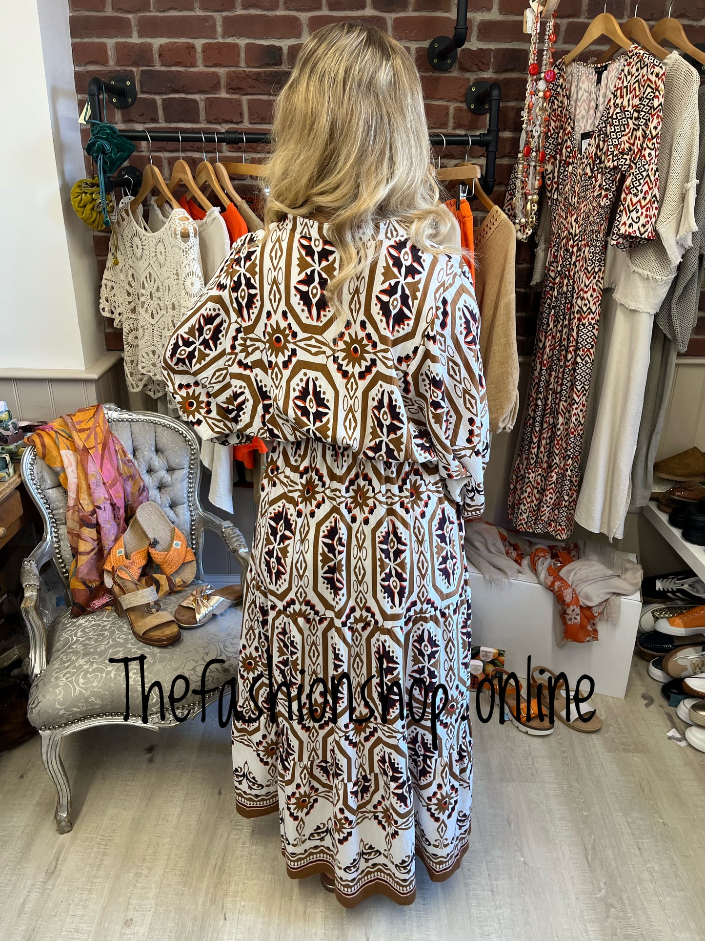 Wendy camel mosaic print smock maxi dress 8-14