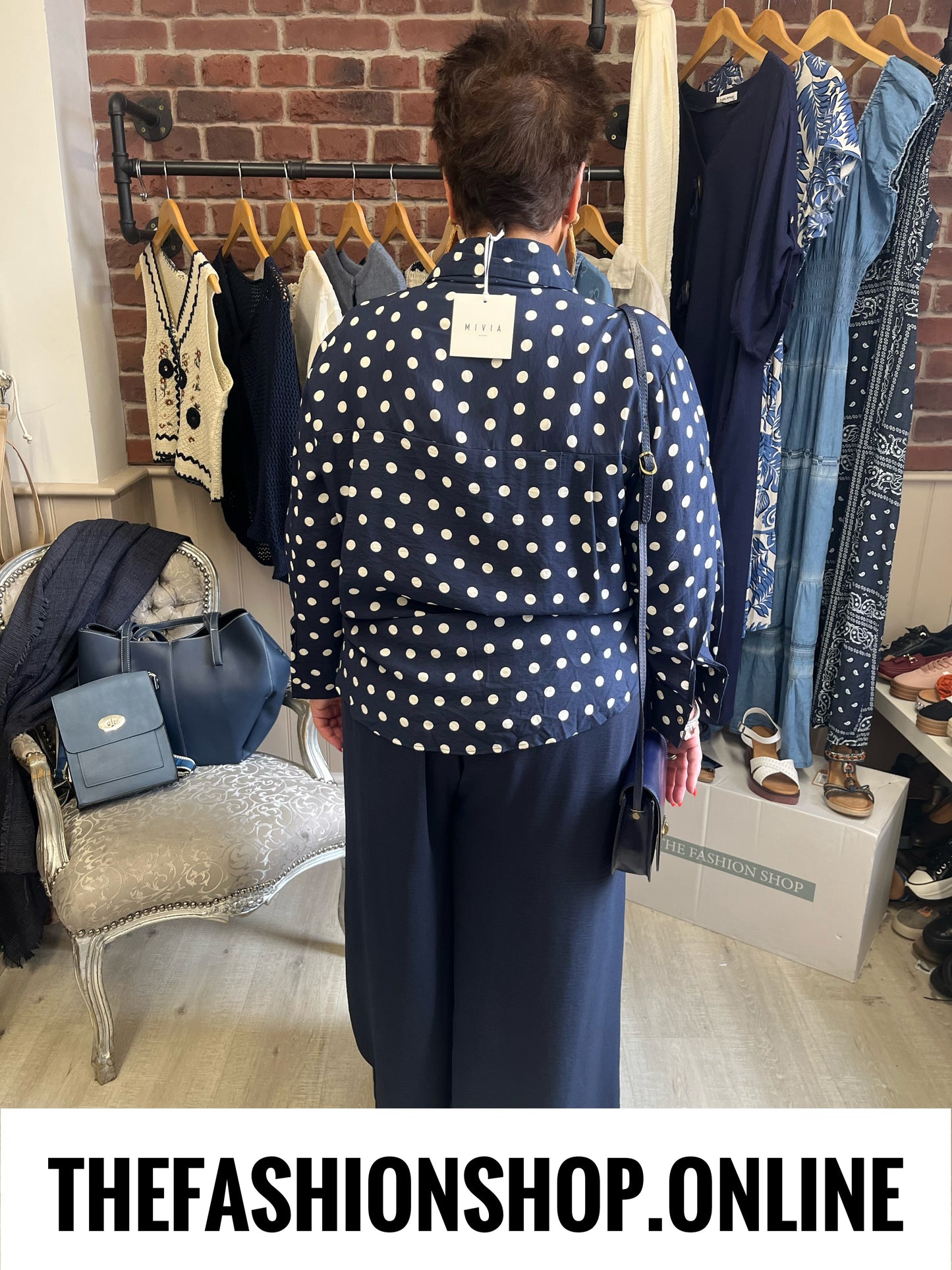 Norah navy polka dot linen mix blouse 14-20