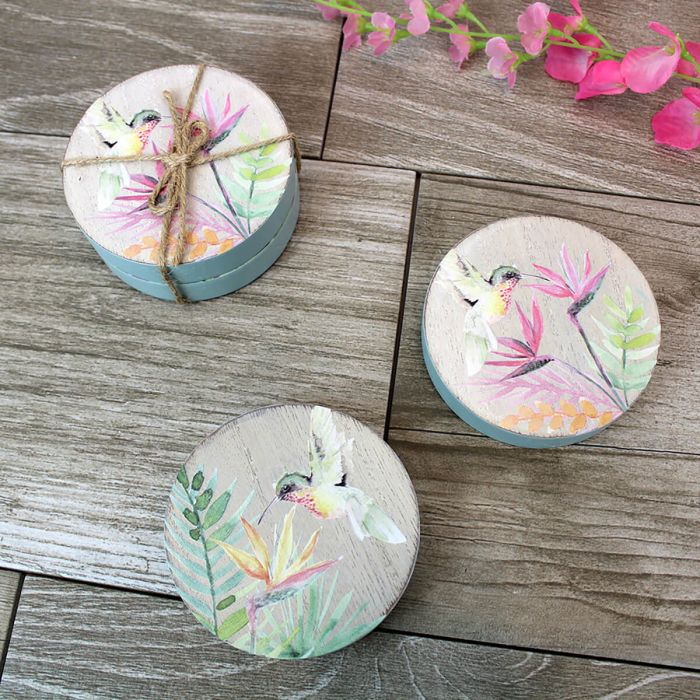 Hummingbird round wooden coasters two pack