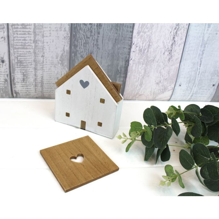 Square heart coasters in house holder in natural wood