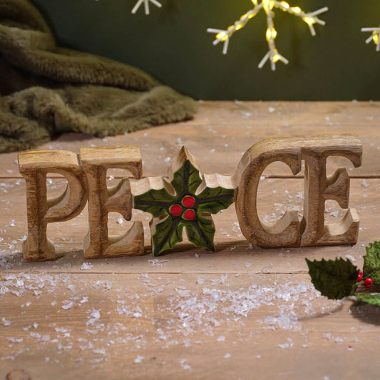 Christmas mango wood Peace painted block