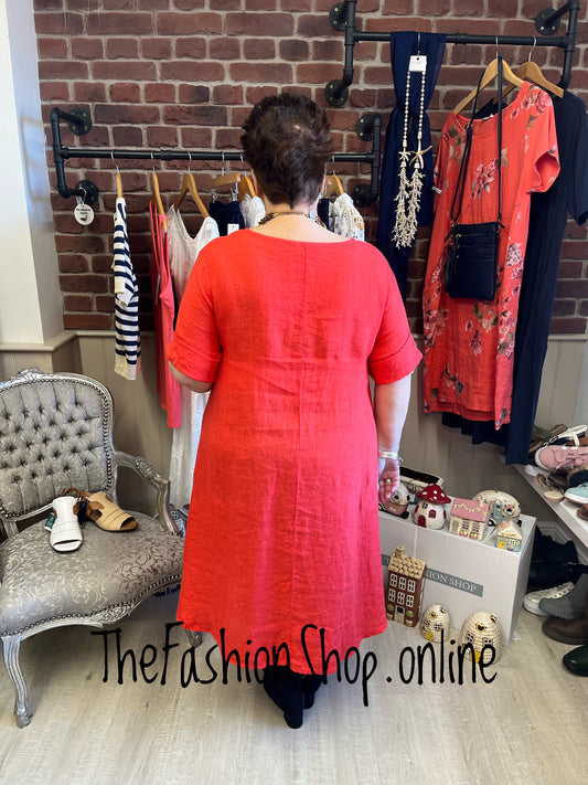 Selena coral V neck linen dress 14-20