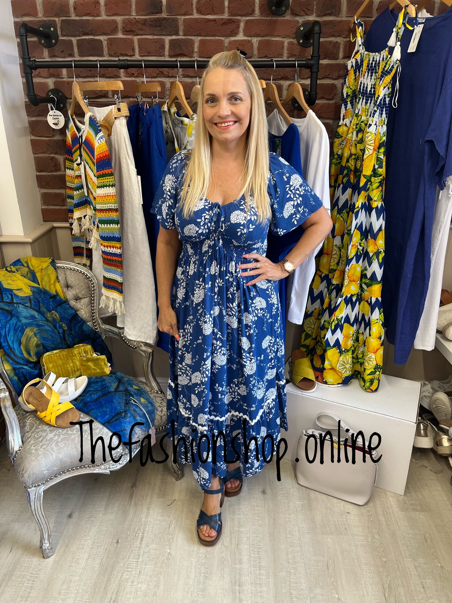 Holly royal blue and white midi dress sizes 12-18