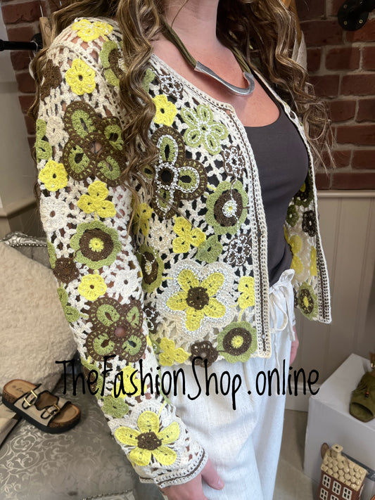 Maddy yellow and green embellished crochet cardigan 8-10 and 12-14