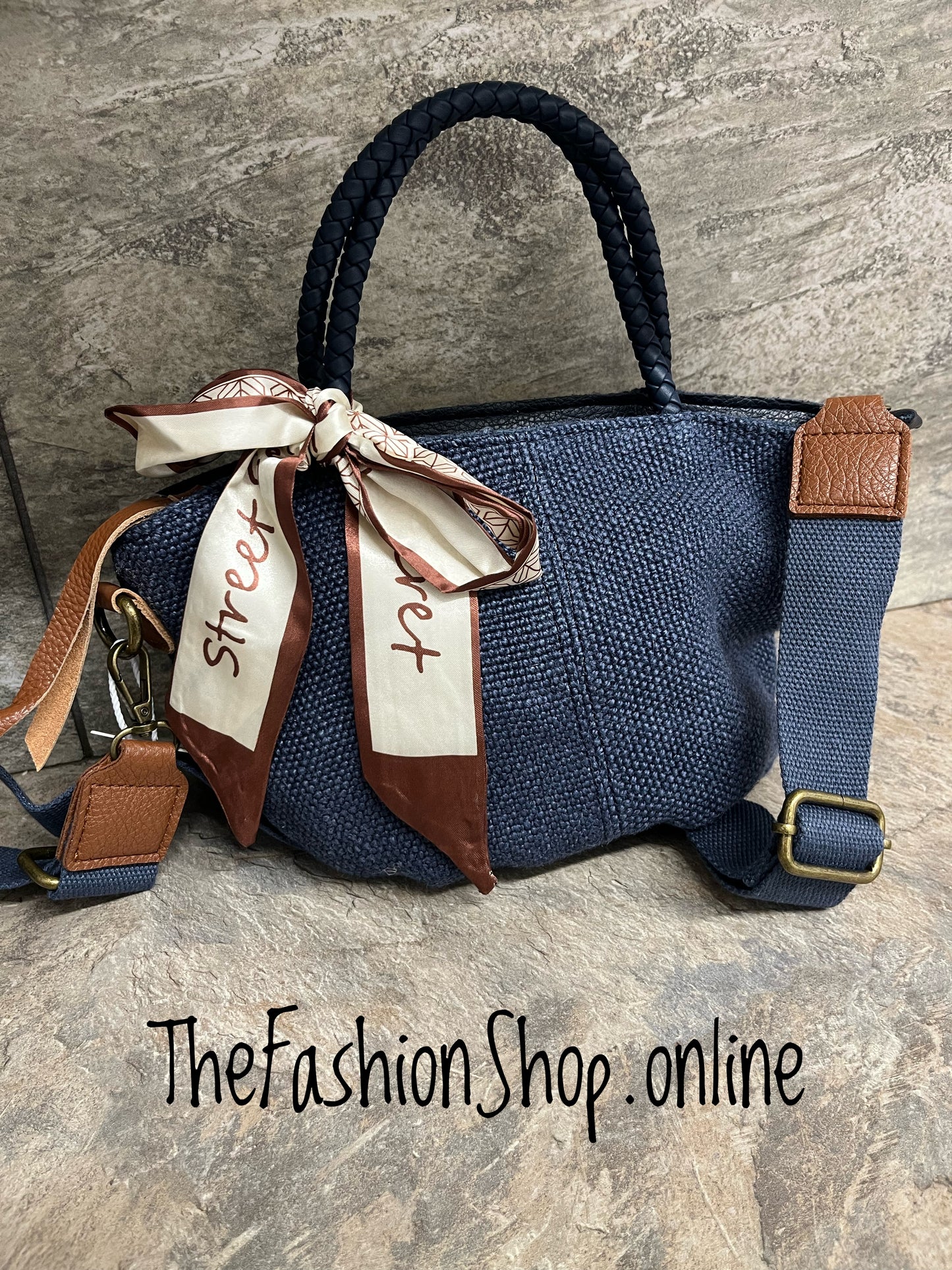 Lucy navy woven handle bag