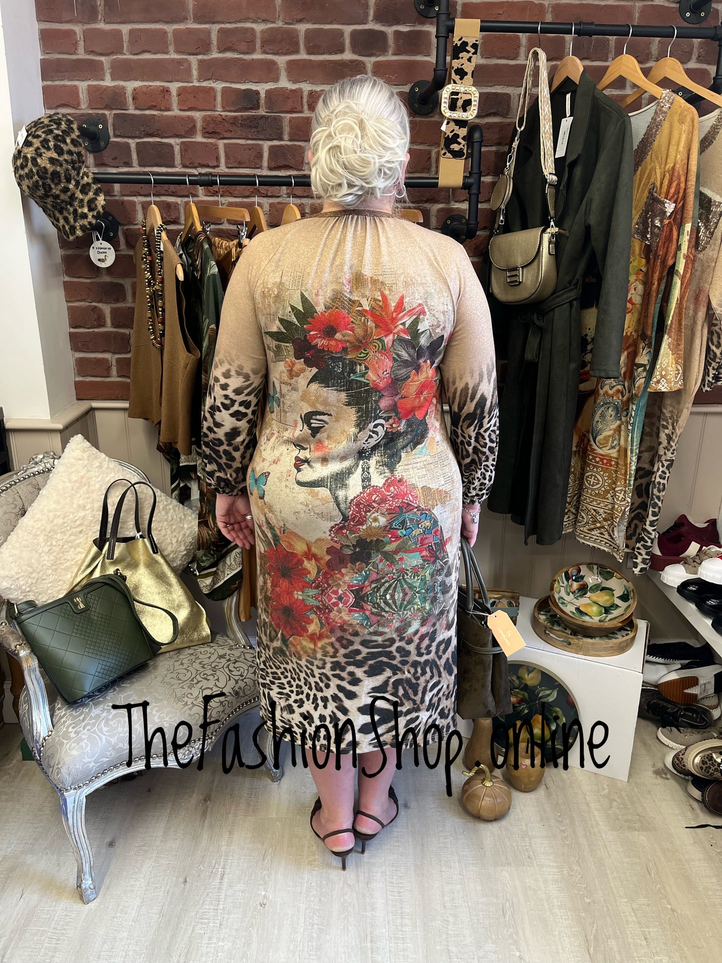 Frida and leopard print long sleeve shimmer dress 12-18