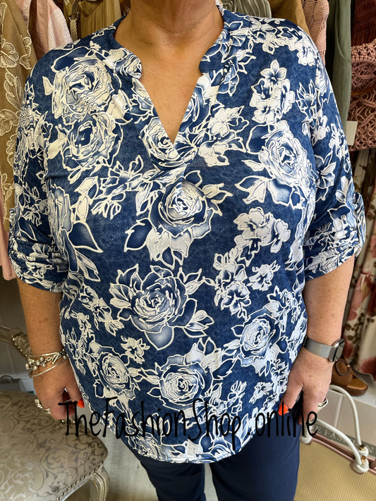 Jasmine blue textured roses blouse 14-22