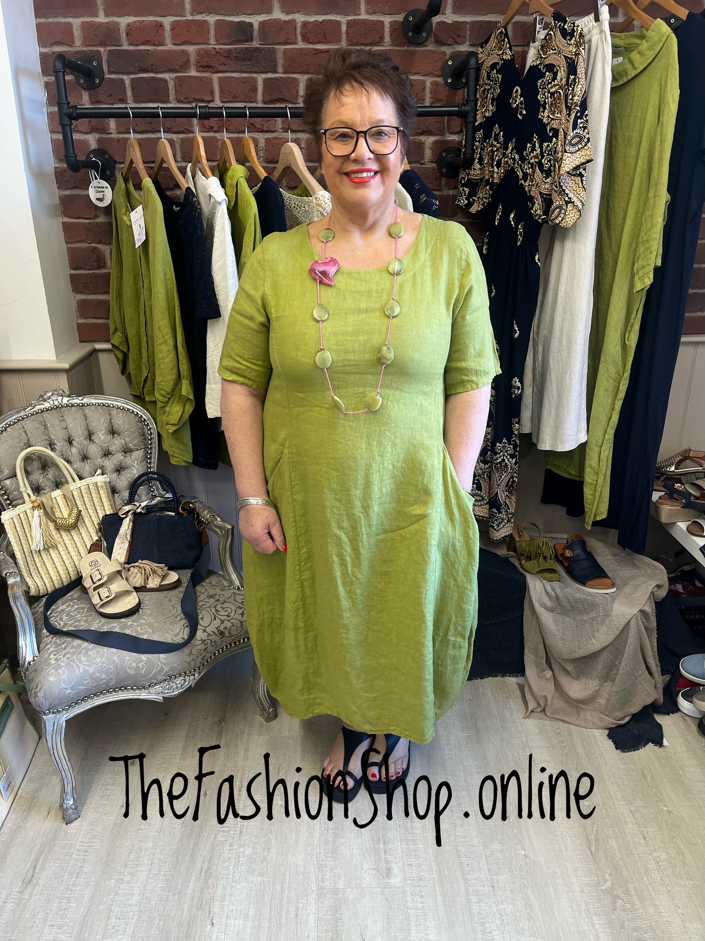 Selena olive round neck linen dress 14-18