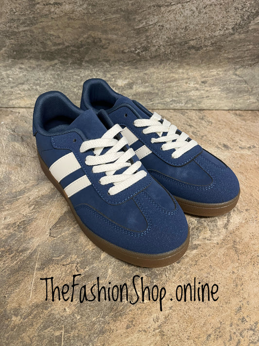 Helen navy twin stripe faux suede trainers sizes 3-8 (36-41)