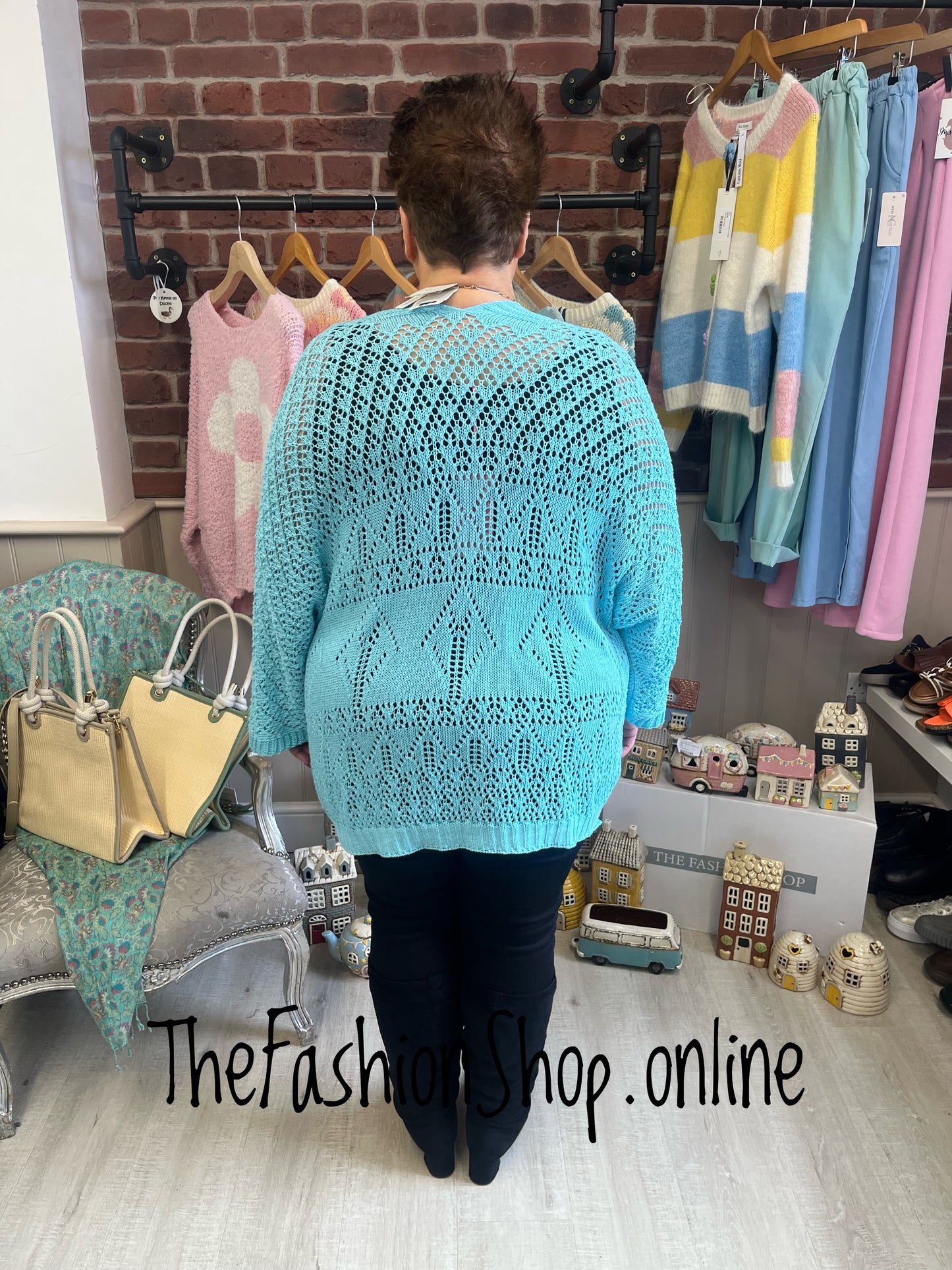 Evie turquoise crochet edge to edge cardigan 16-22