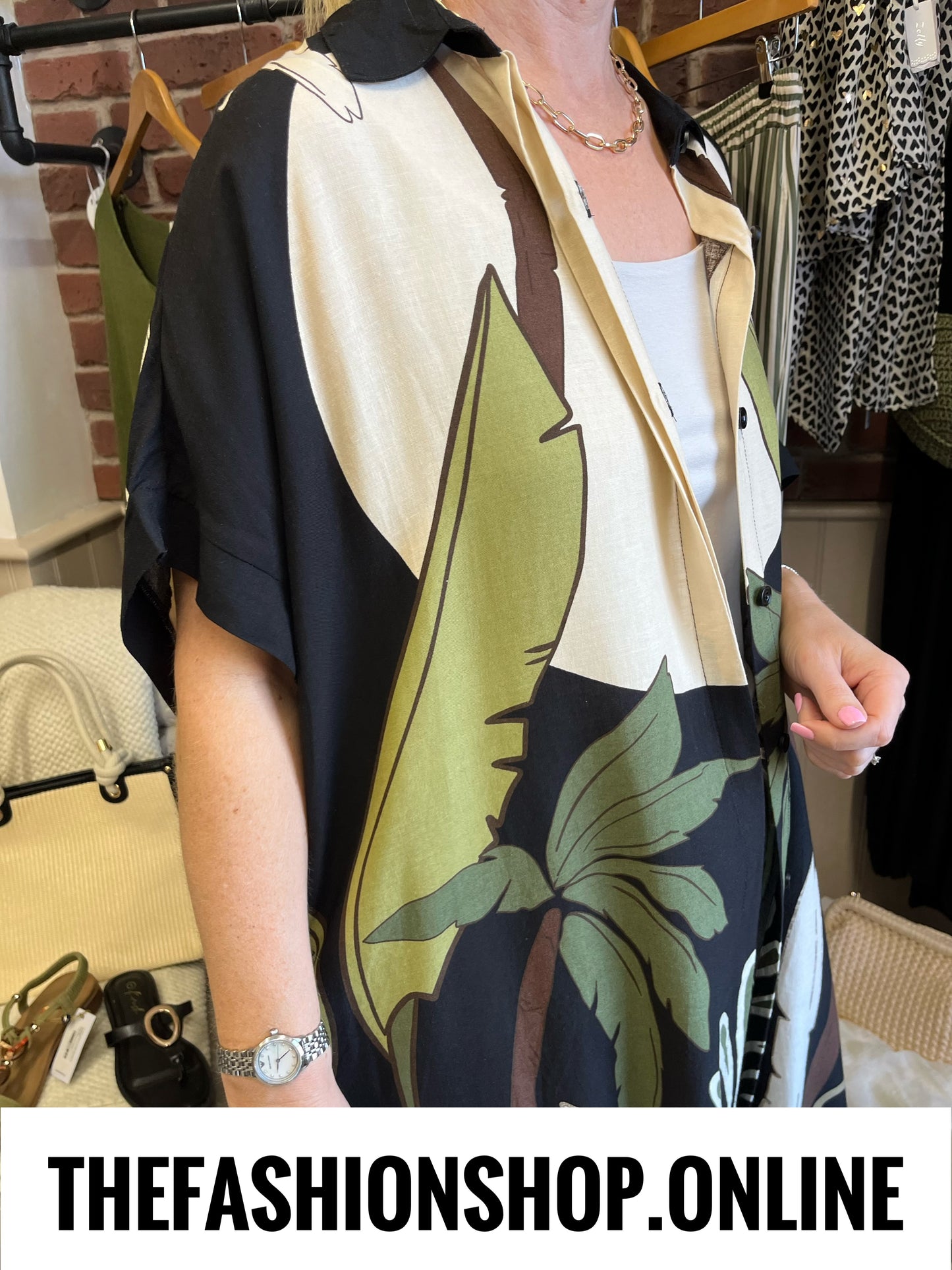 Fly Out Scenic Palm Tree Linen Mix Shirt in Black 12-18