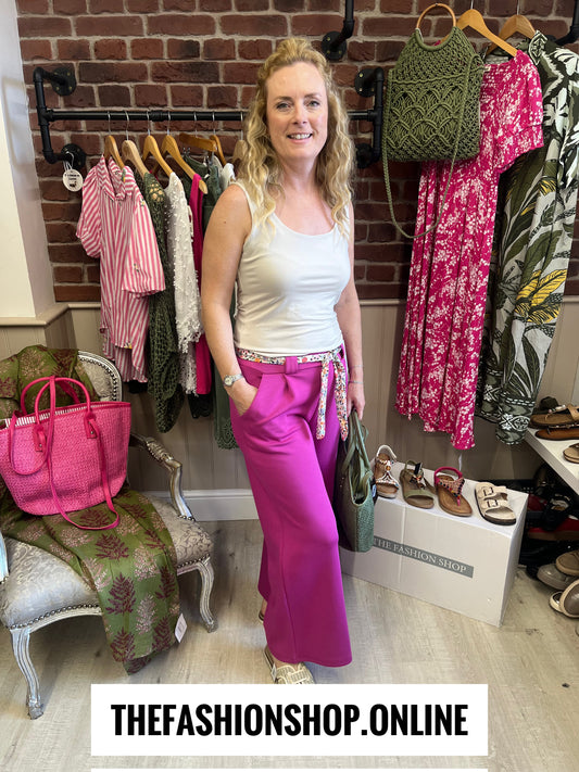 Bridget pink wide leg trousers with floral belt 8-12 and 14-16