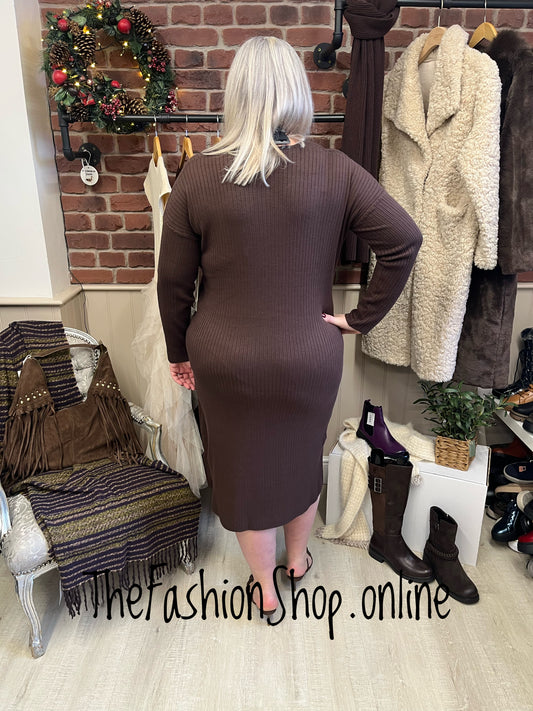 Violet brown V neck ribbed dress 14-18