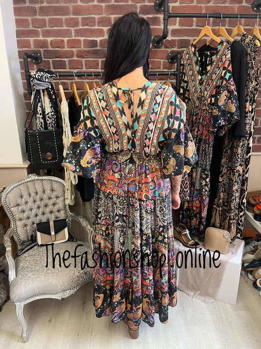 Opulent Clementine multi print tiered kimono dress sizes 8-10, 12-14 and 16-18