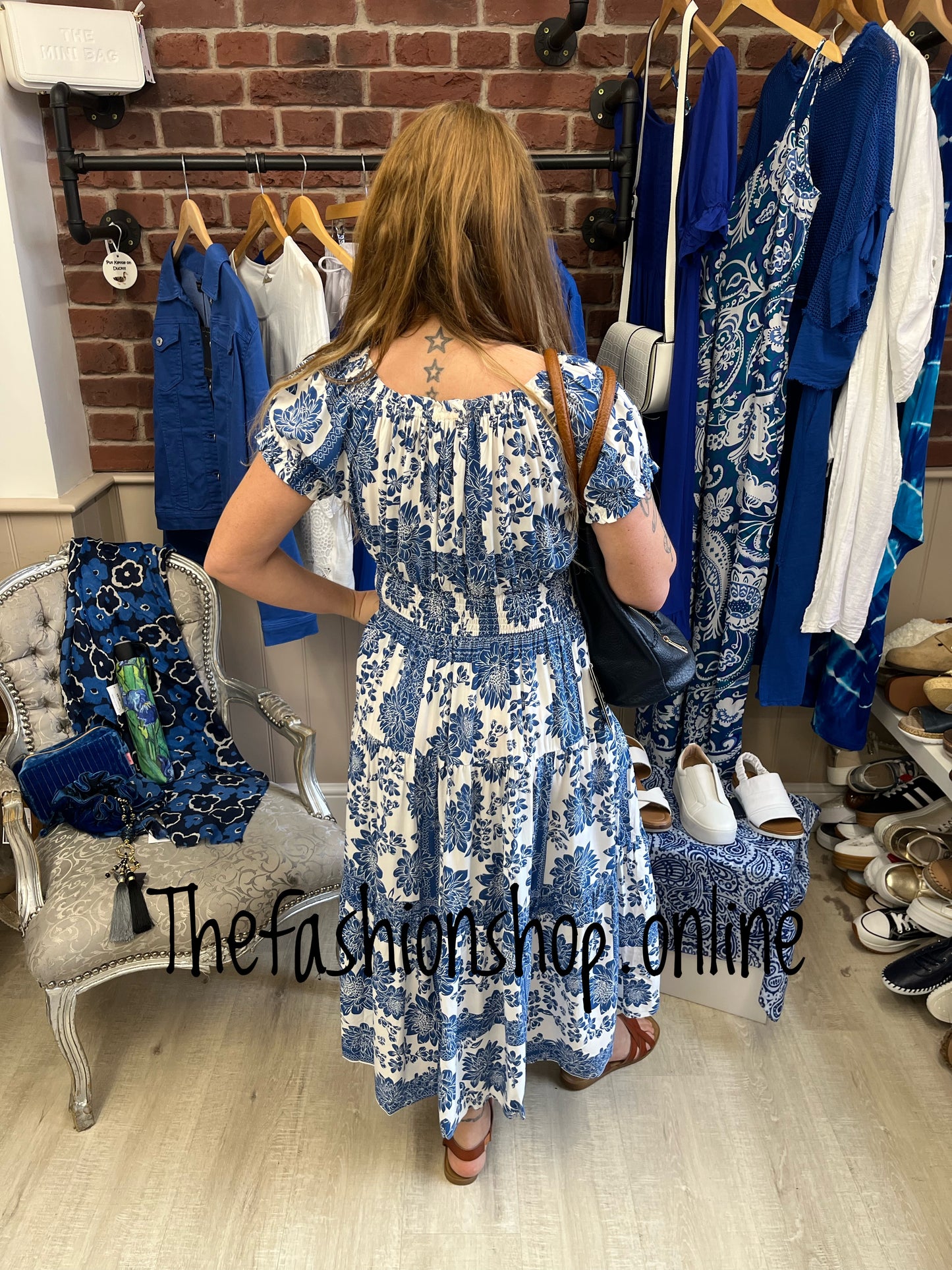 Stella Morgan blue and white bardot dress sizes 8-16